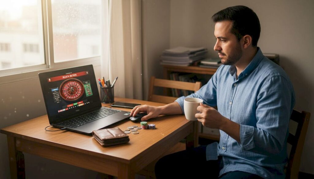 Un hombre disfruta de una partida de ruleta online desde la comodidad de su comedor con su portátil.