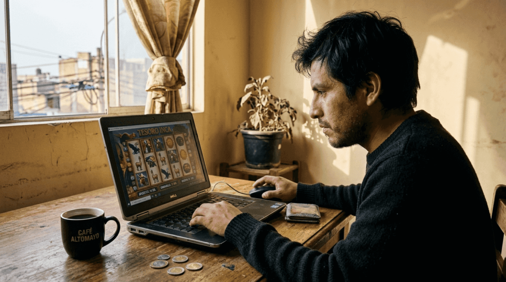 Un hombre disfruta de las tragamonedas online desde la comodidad de su casa, jugando en su portátil.