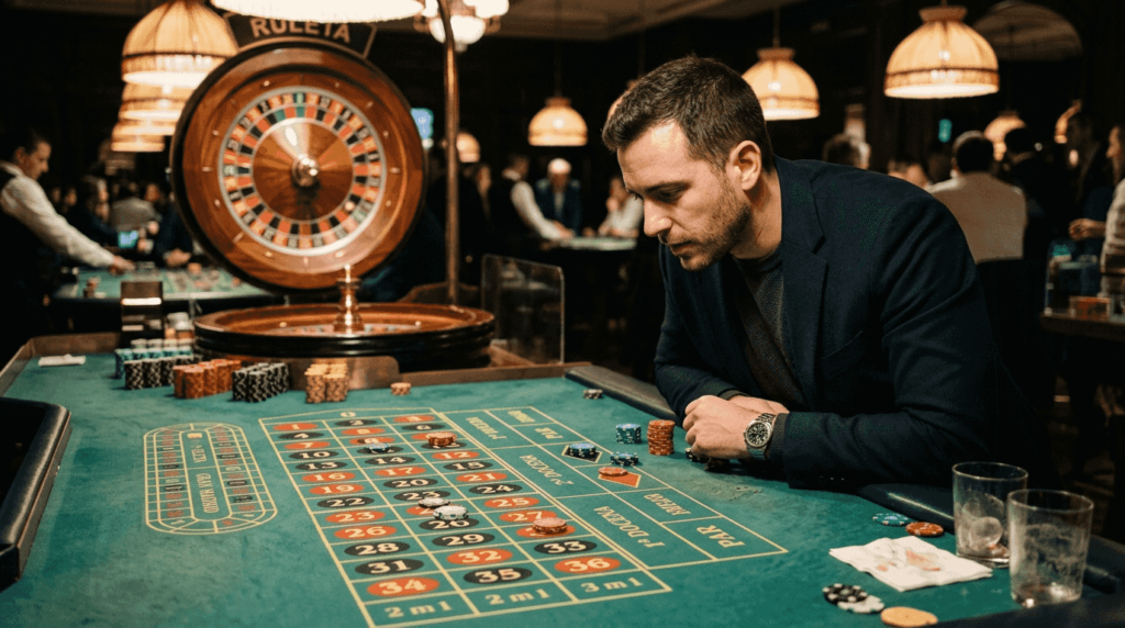 Un jugador realiza sus apuestas en una auténtica mesa de ruleta.