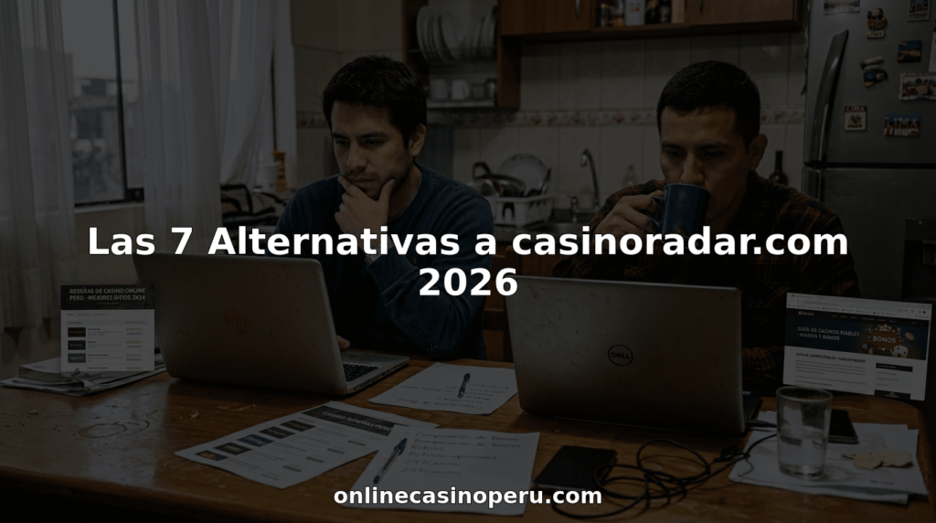 Hombres analizando y comparando páginas de reseñas de casinos en Perú