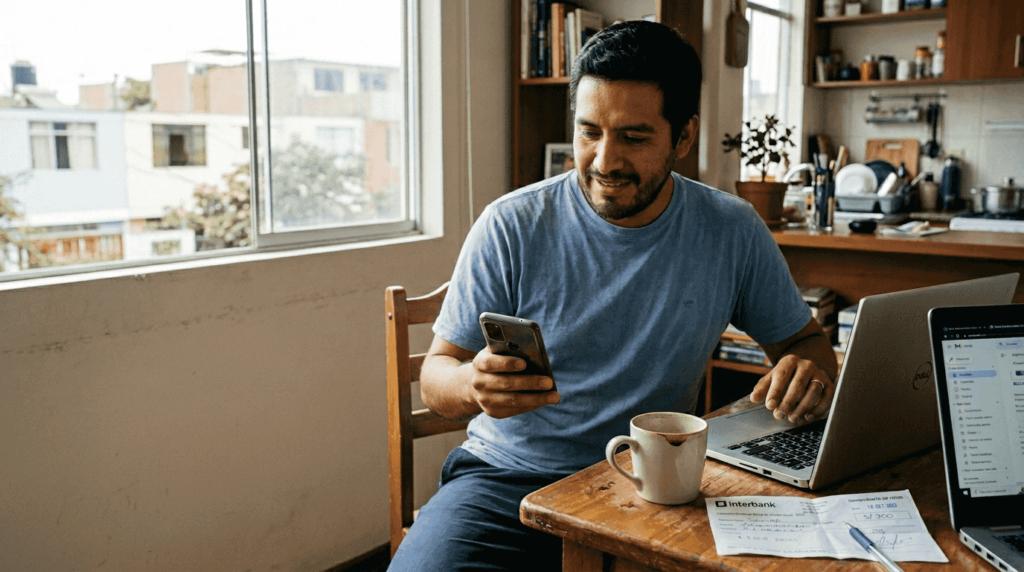 Persona realizando pagos con Yape mientras juega en un casino online desde su laptop.
