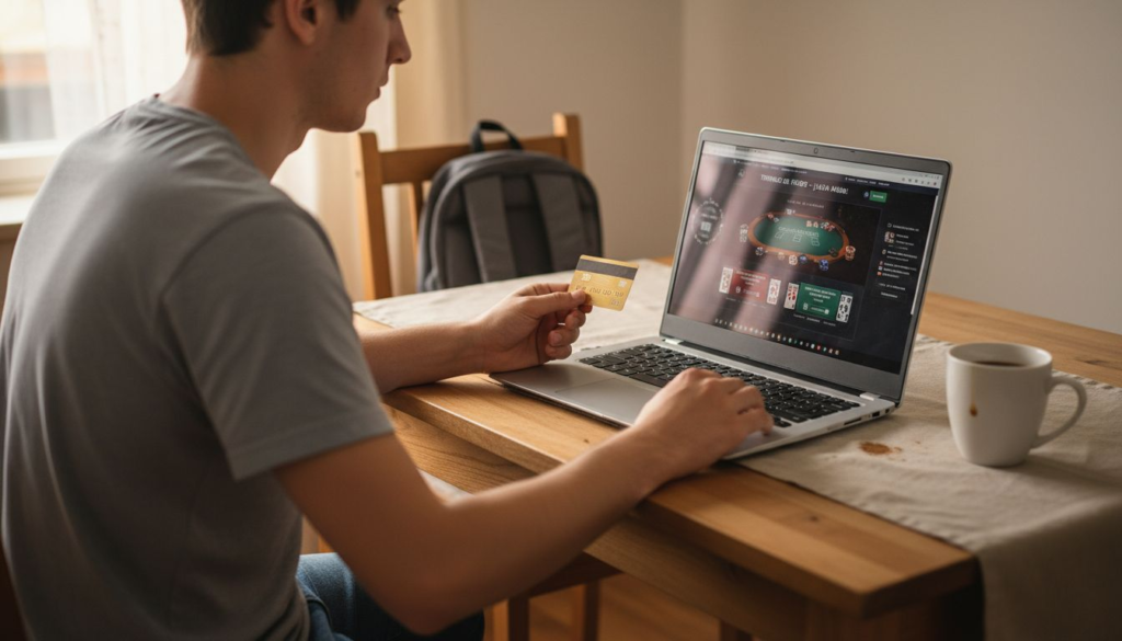 Chico aprovechando un bono de póker desde su portátil