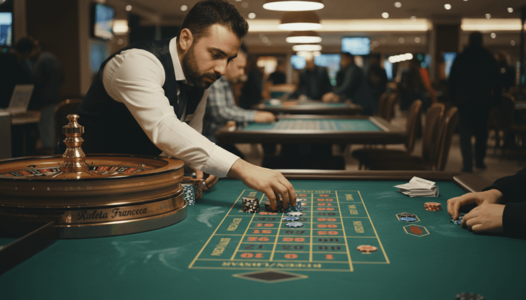 El crupier coloca las fichas sobre la mesa de la ruleta.