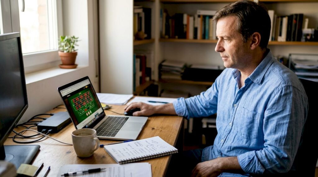 Hombre disfrutando de la ruleta virtual desde el escritorio de su casa
