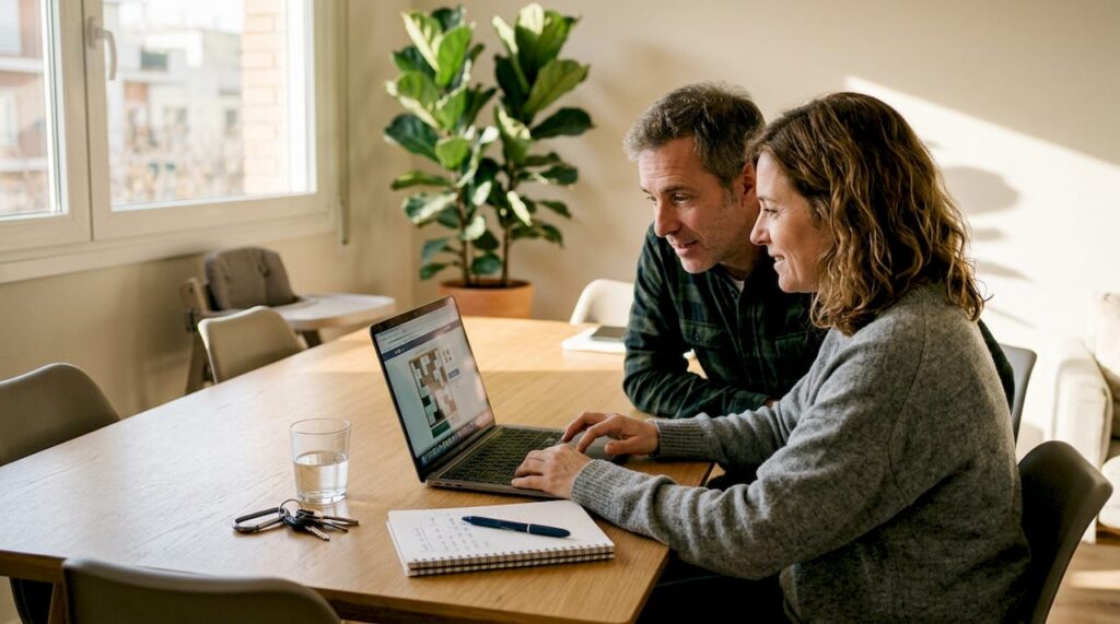 Personas debatiendo en casa sobre las ventajas y desventajas de los casinos tradicionales frente a los casinos online.