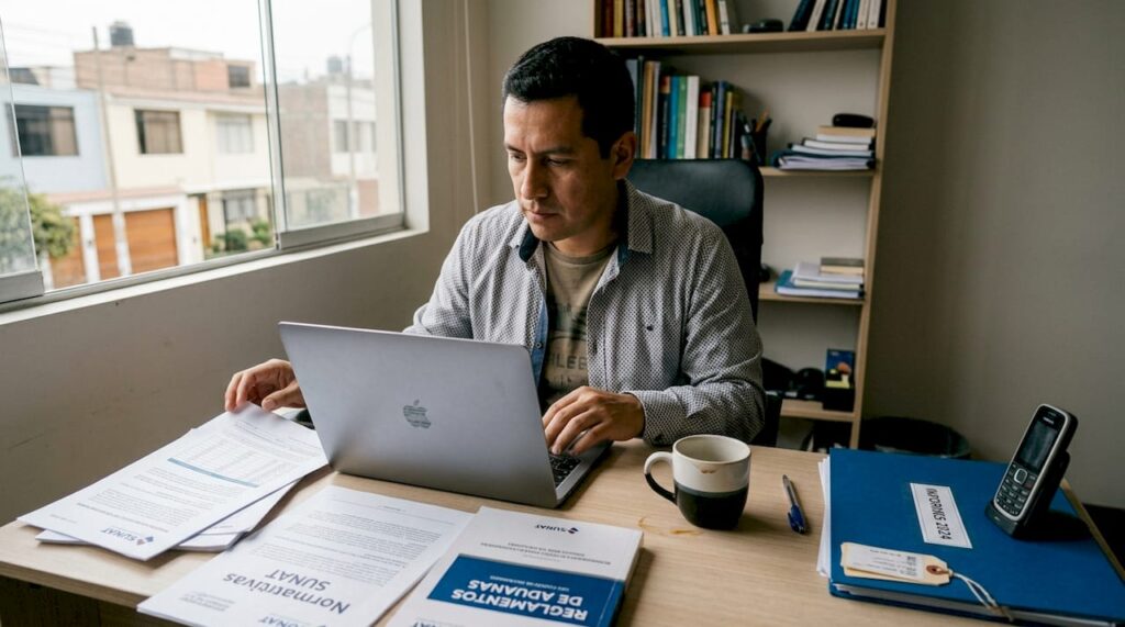 Un hombre peruano revisa papeles en la oficina de un casino online.