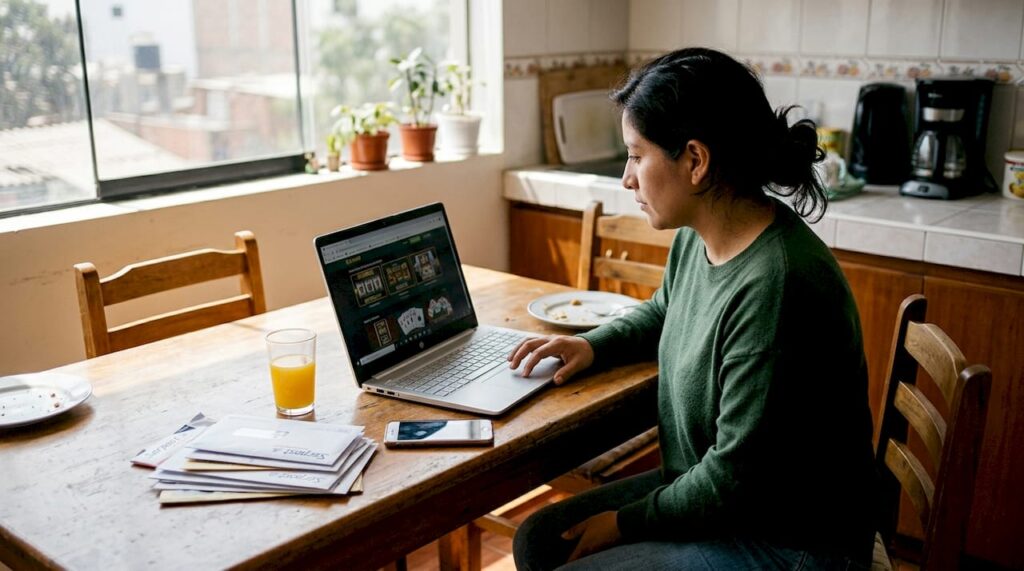 Una persona disfruta de un casino online desde su portátil mientras está sentada en la mesa de la cocina.
