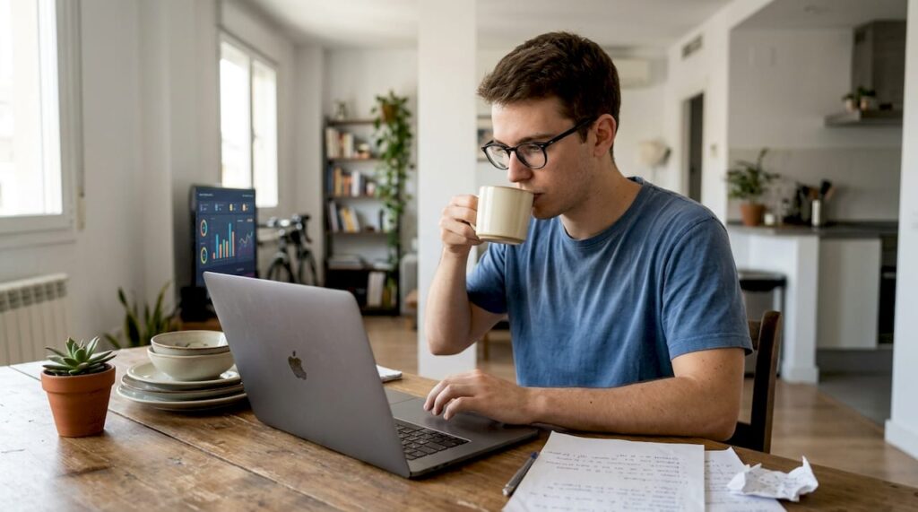 Alguien disfruta de las tragamonedas online desde la comodidad de su hogar, jugando en su portátil.