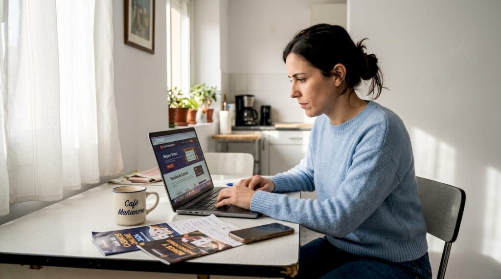 Una persona sentada en la mesa de la cocina revisa y compara distintas páginas de casinos online, buscando la mejor opción antes de decidirse.