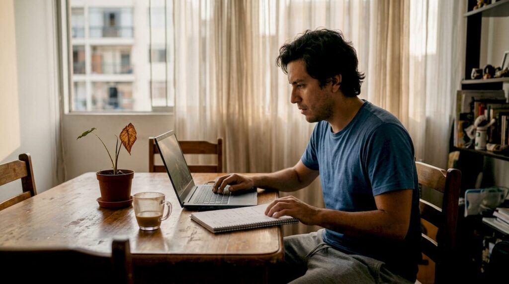 Un hombre disfruta de las tragamonedas online desde la comodidad de su casa en Perú.