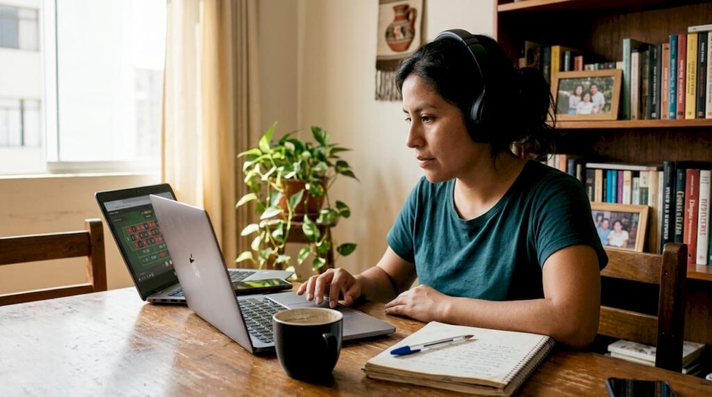 Mujer disfrutando de una partida de ruleta online desde la comodidad de su hogar