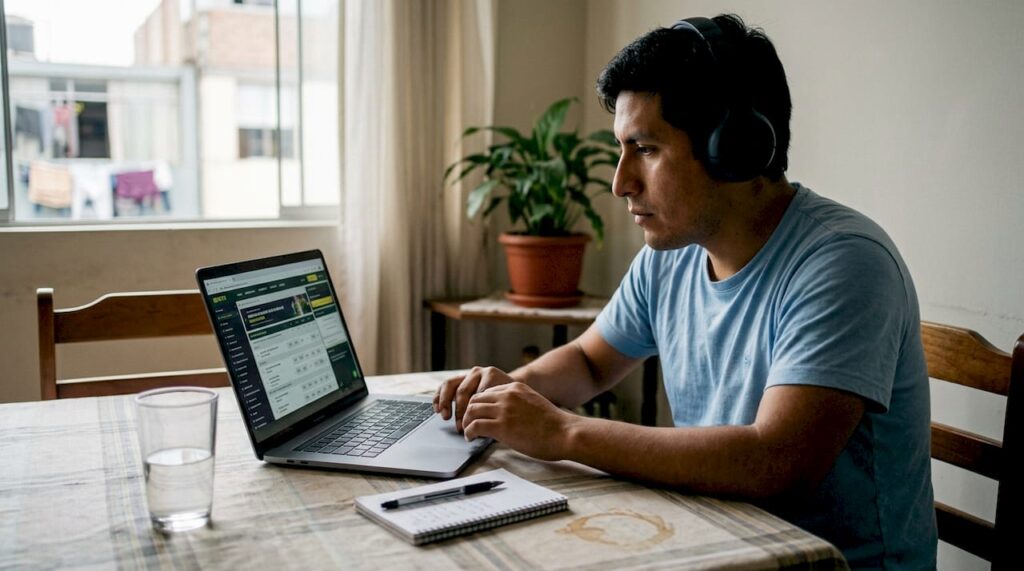 Un hombre juega y apuesta por internet desde la mesa de su casa con el portátil.
