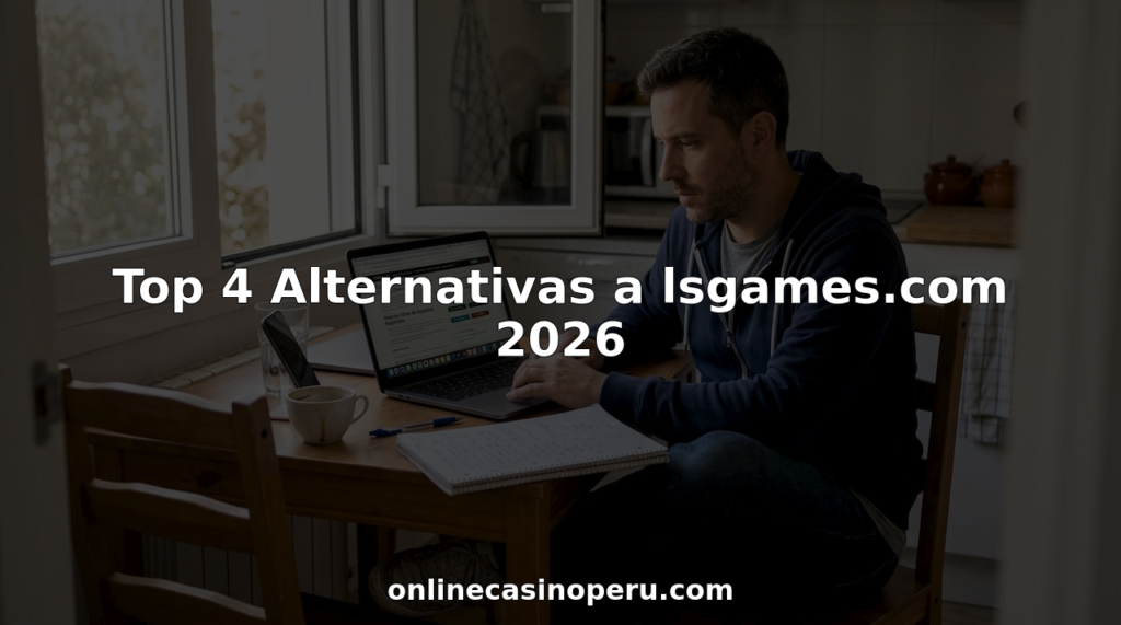 Hombre revisando y comparando páginas de casinos online mientras está en la cocina