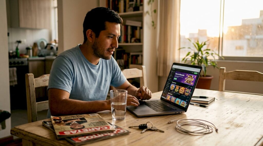 Un jugador consulta las promociones de bonos desde su portátil en la comodidad de su hogar.
