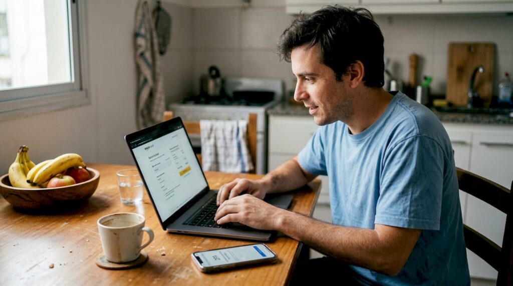 Un hombre realiza un pago seguro desde su portátil en la comodidad de su hogar.