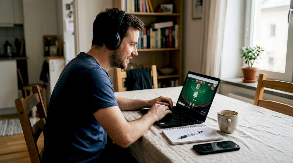 Persona totalmente enfocada jugando al blackjack online desde la comodidad de su hogar