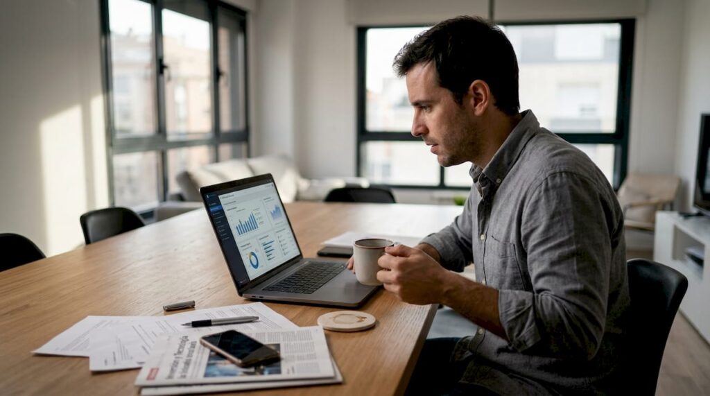 Un hombre disfruta de una partida de ruleta online mientras está sentado en la mesa del comedor.