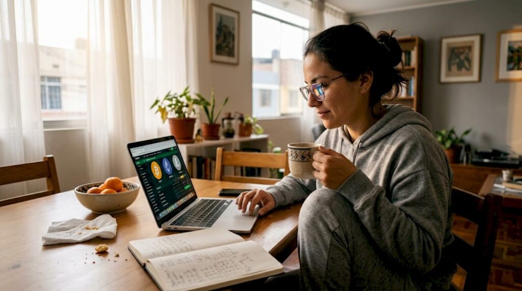 Mujer apostando por internet desde la comodidad de su casa con su portátil