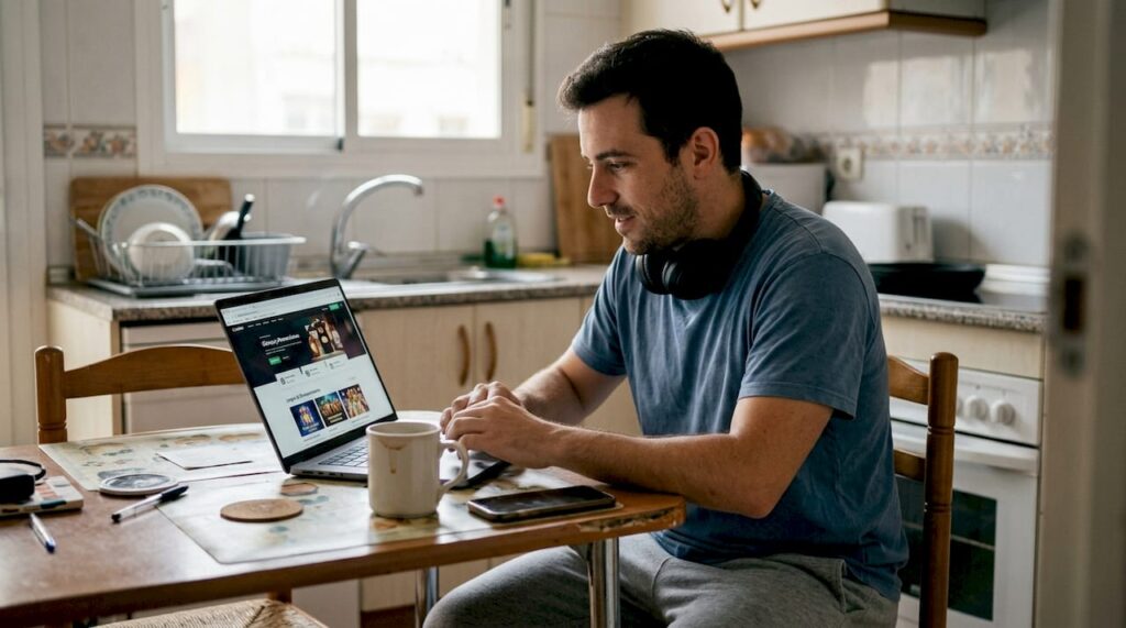 Un hombre sentado en la mesa de la cocina revisa las ofertas y promociones de casinos online desde su móvil.