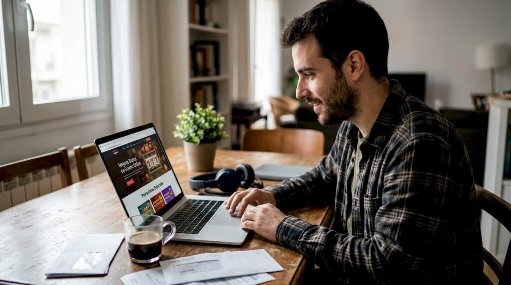 Hombre analizando las ofertas de bonos en un casino online