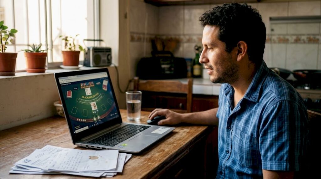 Un jugador peruano aprovecha su portátil para jugar blackjack en línea.