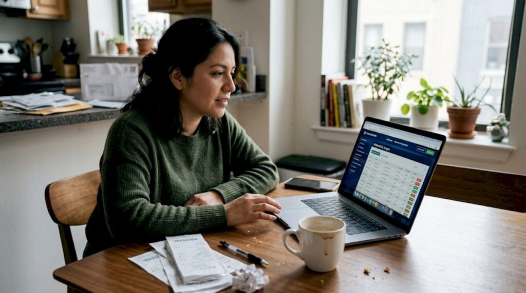 Una mujer consulta las ofertas de devolución de dinero en un casino online desde su portátil.