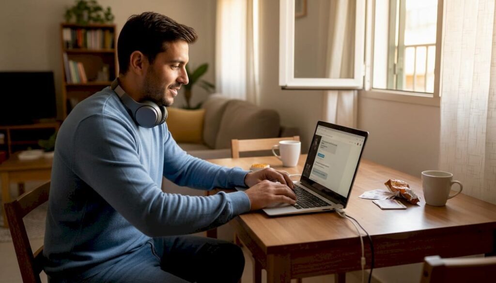 Hombre chateando en línea con el soporte de un casino mientras juega desde la mesa de su casa.