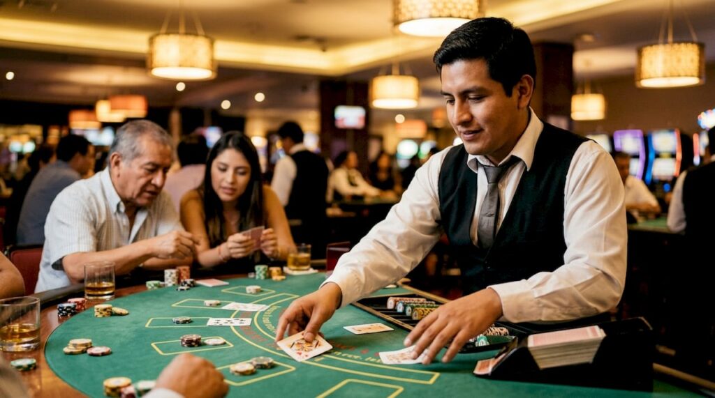Un crupier peruano está distribuyendo las cartas en una mesa de casino.