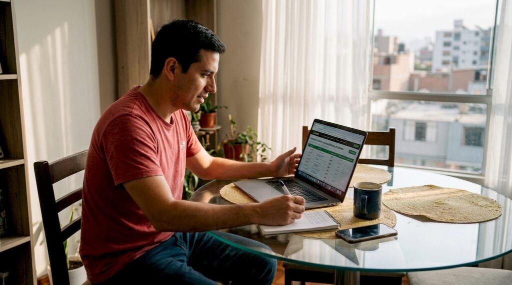 Hombre revisando ofertas de casinos online desde su portátil en casa