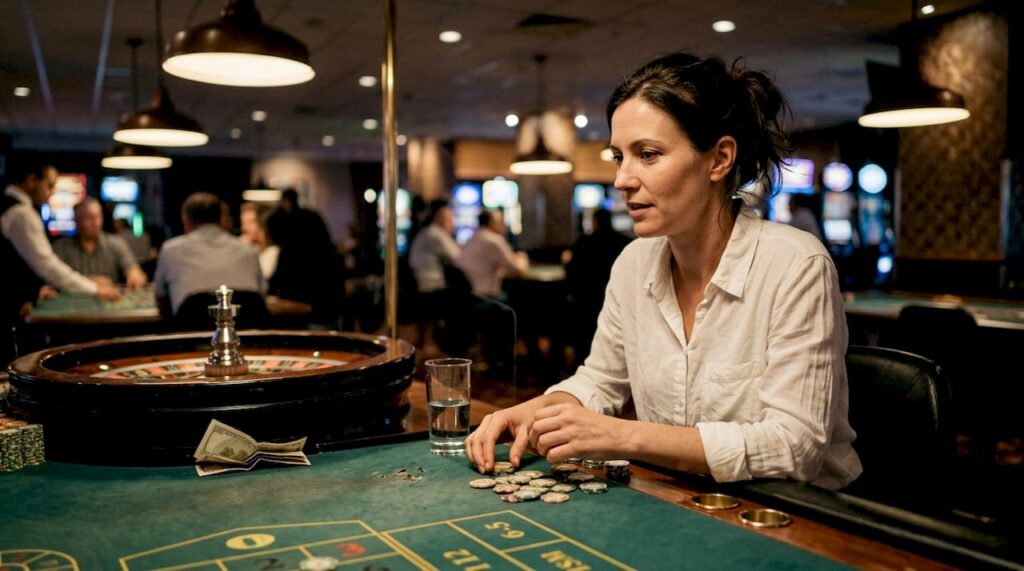 Una mujer contempla atenta la ruleta mientras disfruta de la emoción del casino.