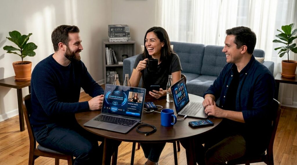 Adultos disfrutando de juegos sociales de casino desde la comodidad de su hogar