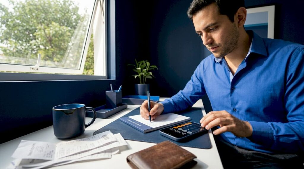 Hombre revisando y organizando su presupuesto para apuestas en el escritorio de la oficina.