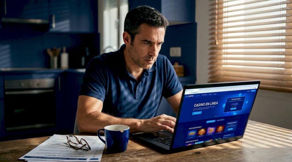 Un hombre disfrutando de un casino online mientras está sentado en la mesa de la cocina.