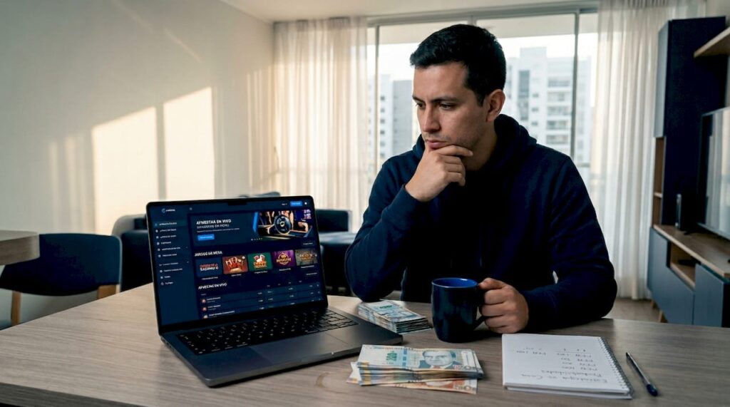 Un hombre revisa los límites de apuestas desde su departamento en Lima.