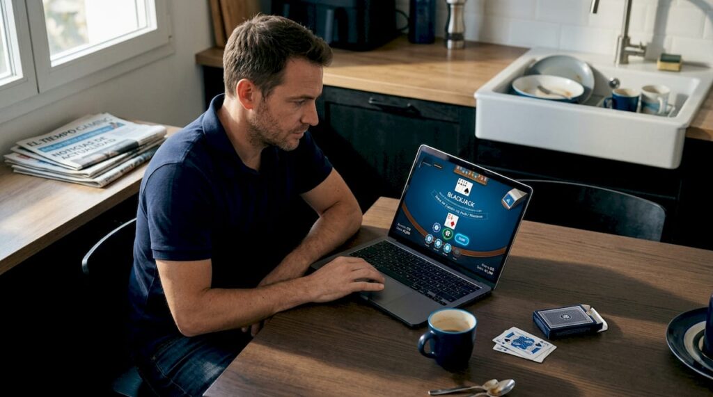 Hombre disfrutando de una partida de blackjack online desde la comodidad de su casa