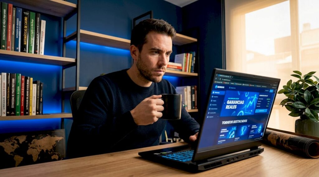 Aficionado a los juegos de casino online disfrutando desde la mesa del comedor de su casa.