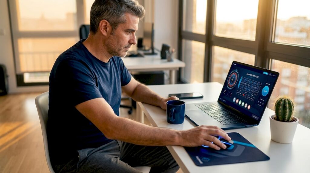 Un hombre disfruta de la ruleta online desde la comodidad de su escritorio en casa.