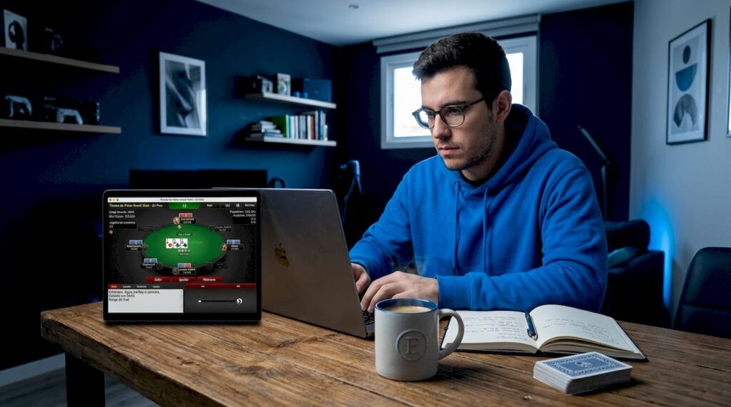 Hombre participando en un torneo de póker online desde la comodidad de su casa.