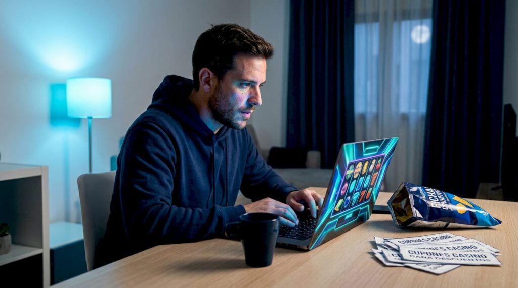 Un hombre disfruta de las máquinas tragamonedas online desde la comodidad de su hogar, aprovechando la tranquilidad de la noche.