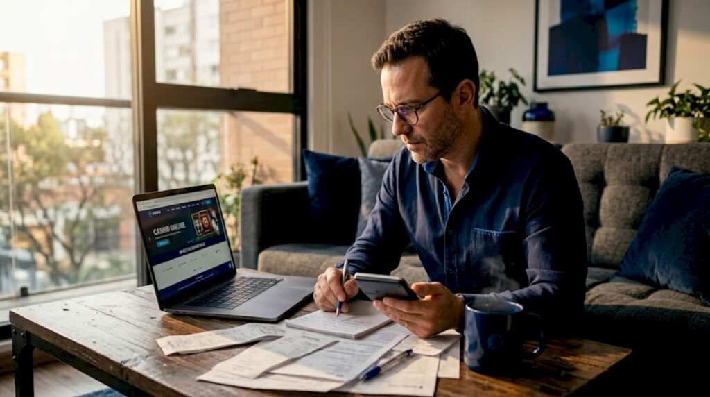 Hombre revisando los requisitos de apuesta desde su escritorio en casa