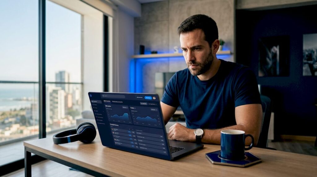 Hombre haciendo apuestas online desde el comedor de su piso