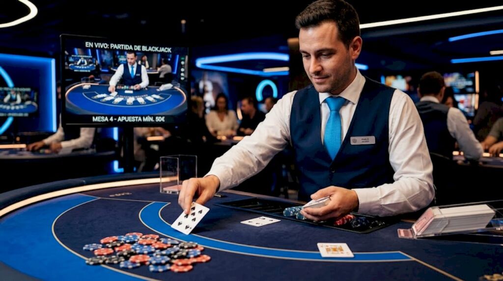 Un crupier reparte cartas en directo desde un estudio de casino en vivo.