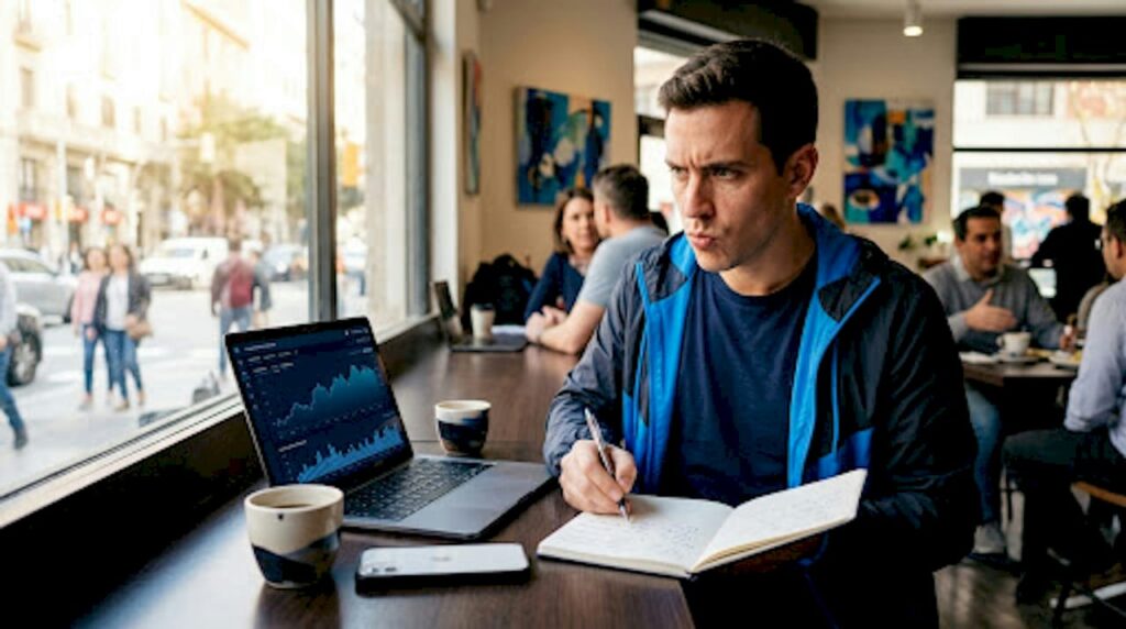 Hombre concentrado revisando sus cuentas de apuestas en el escritorio de casa
