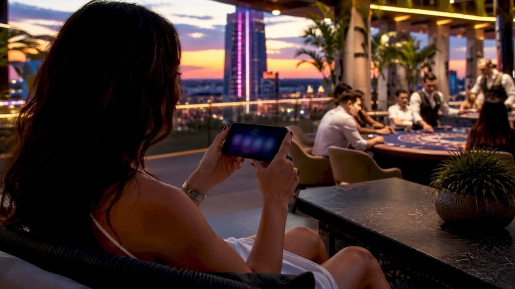 Mujer disfrutando de un juego en un casino híbrido desde su dispositivo