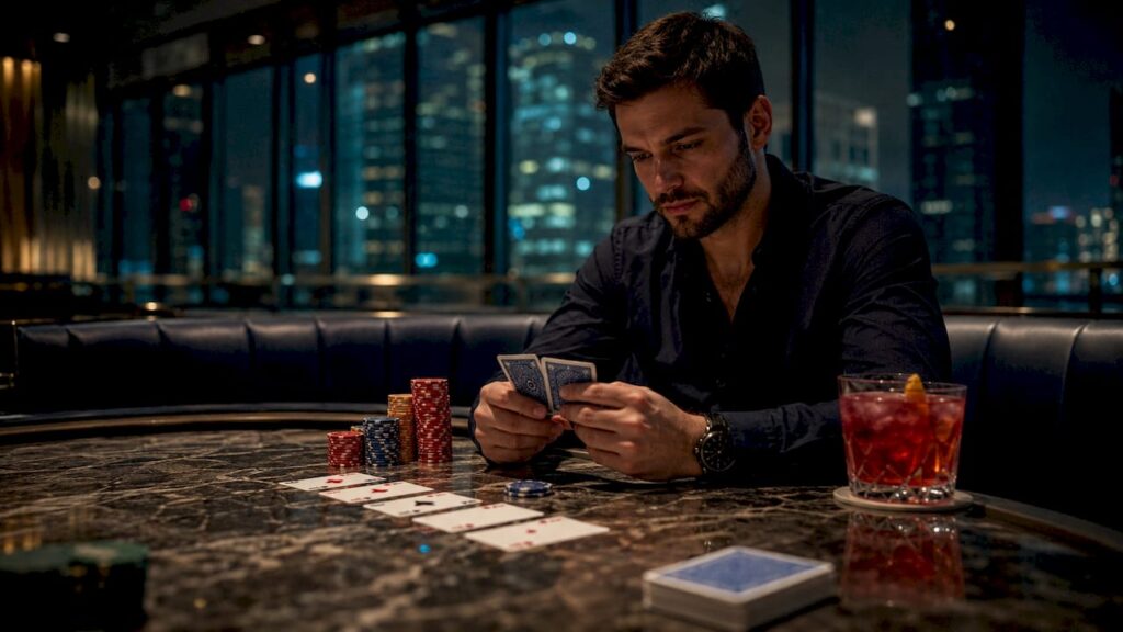 Un jugador en el casino mostrando sus cartas de póker