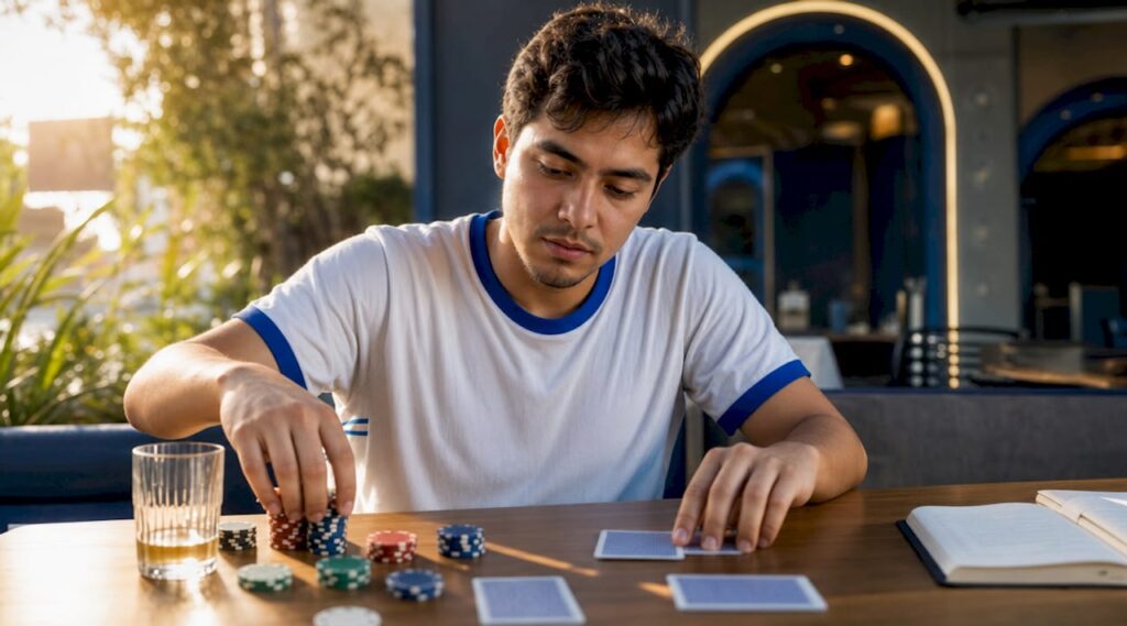 Un jugador de póker acomoda sus fichas sobre el tapete verde de la mesa.