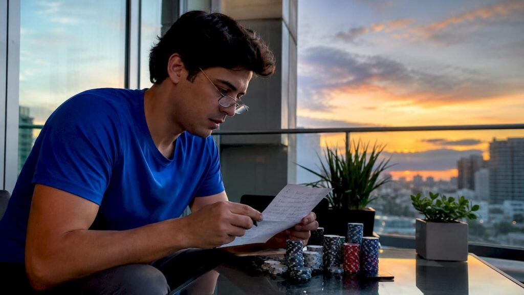 Hombre revisando sus apuestas y gestionando su jugada desde casa