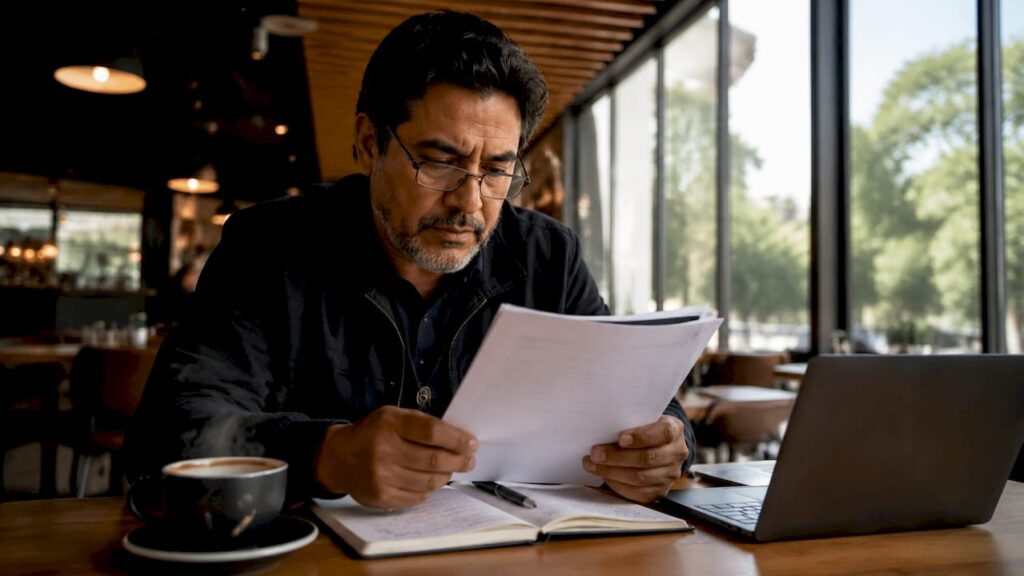 Hombre hispano revisando en casa las normas sobre límites de apuestas